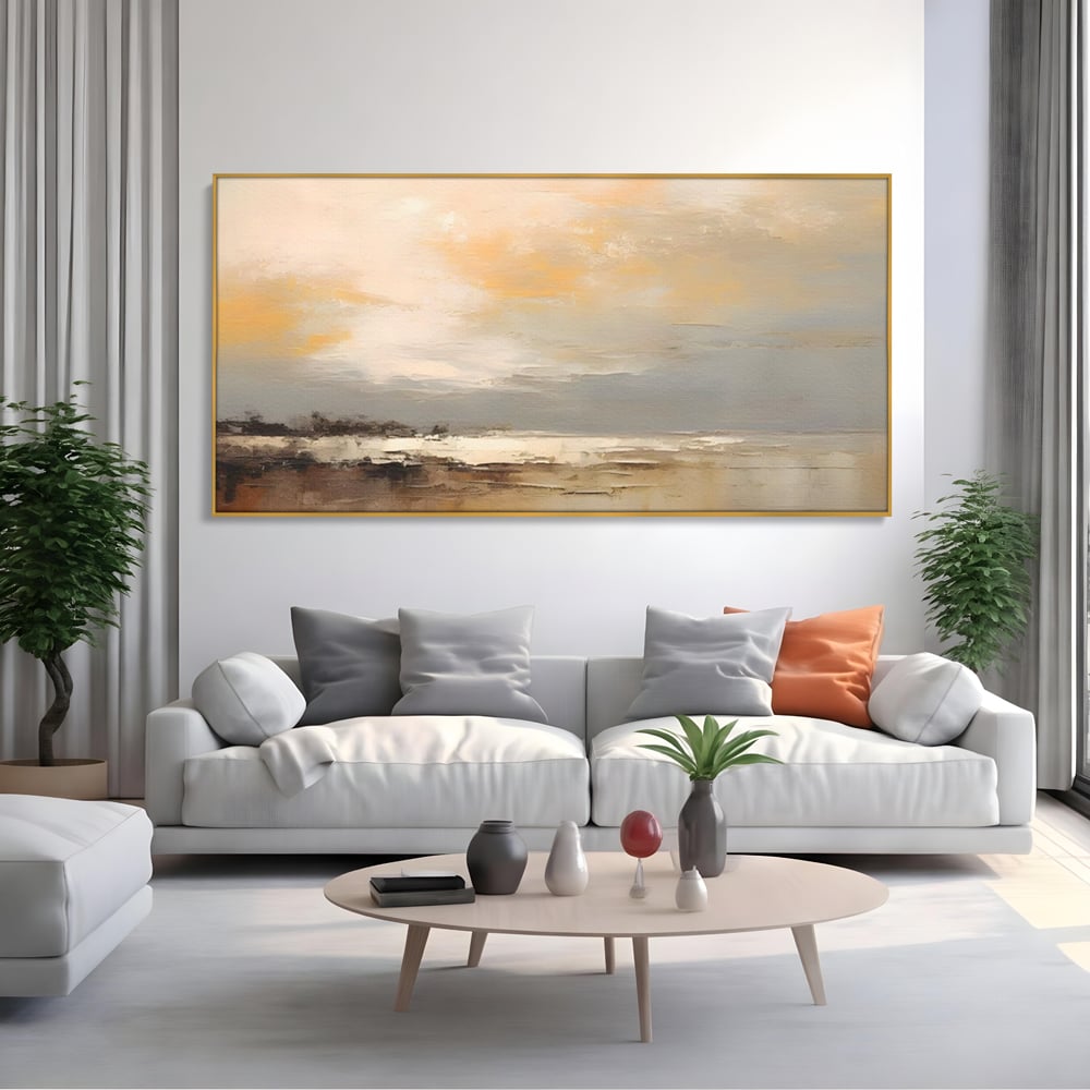 Tablou canvas cu tablou canvas cu peisaj maritim abstract, in rama de aluminiu auriu, pe perete intr-un living